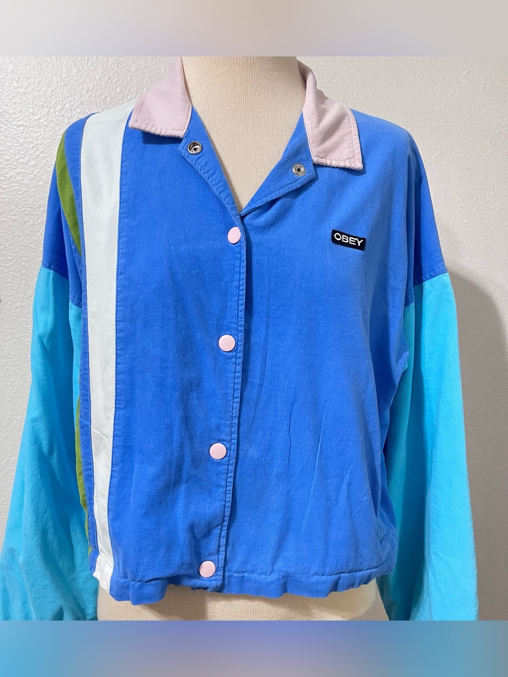 Obey Blue Colorblock Snap-Front Bomber Jacket with Pink Collar, collector's item
